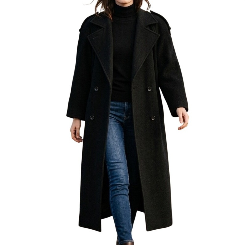 Vintage International Scene Black 100% Virgin Wool Long Trench Coat 11/12
